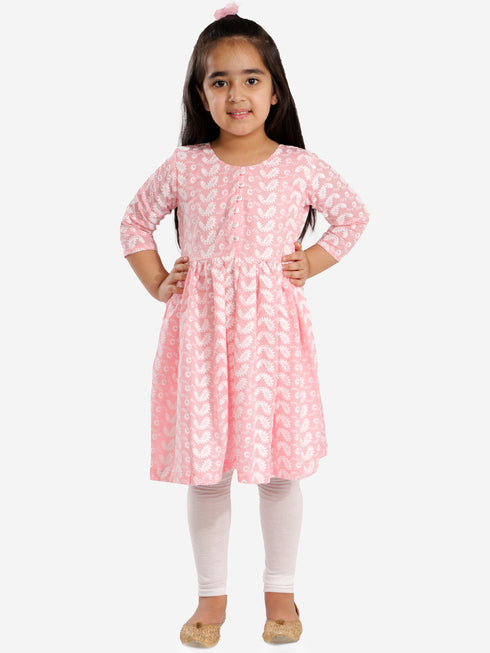 Girl's' Pink Pure Cotton Chikankari Kurta With Leggings