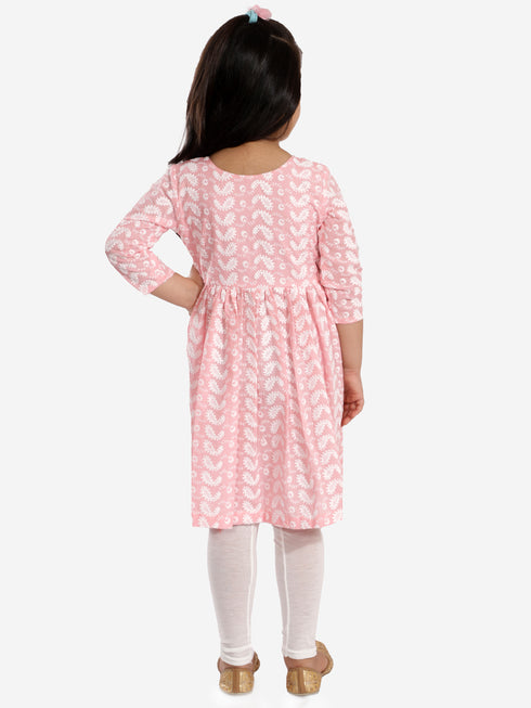 Girl's' Pink Pure Cotton Chikankari Kurta With Leggings