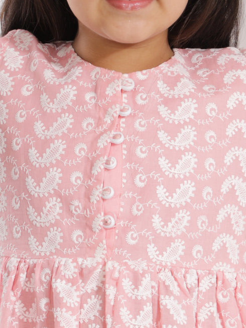 Girl's' Pink Pure Cotton Chikankari Kurta With Leggings