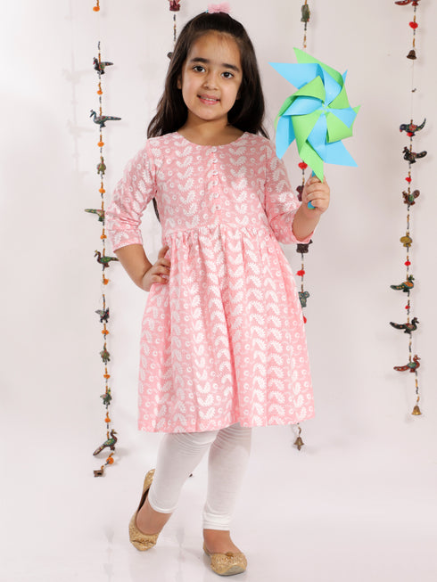 Girl's' Pink Pure Cotton Chikankari Kurta With Leggings