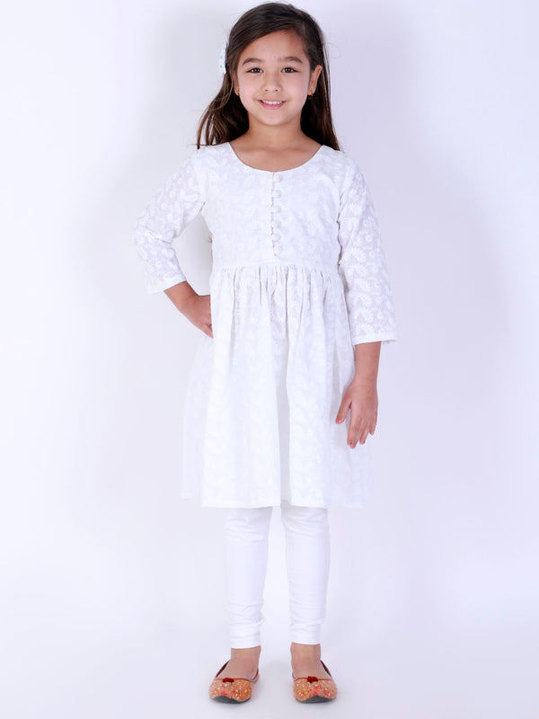 Girl's White Pure Cotton Chikankari Kurta With Leggings