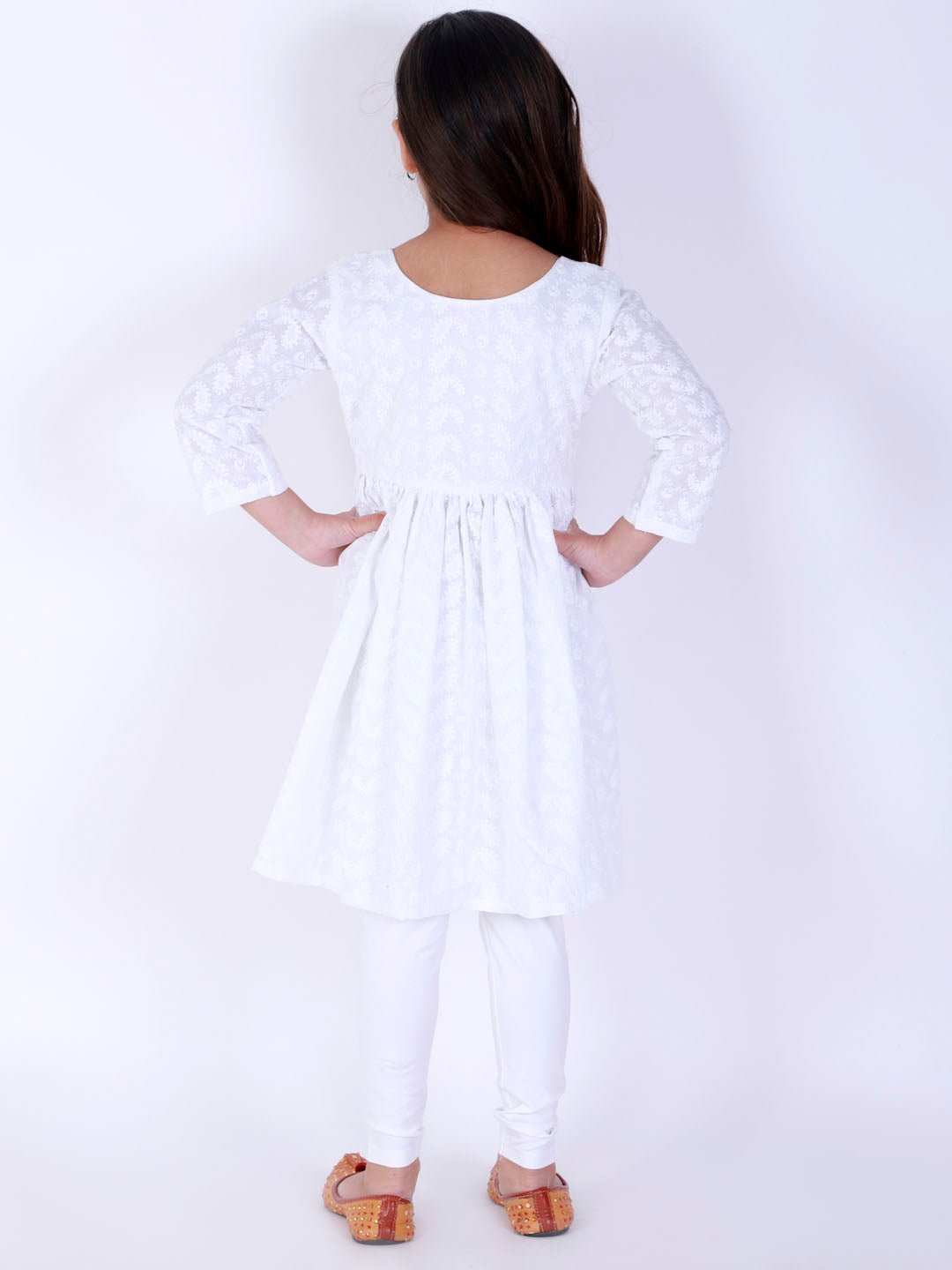 Girl's White Pure Cotton Chikankari Kurta With Leggings