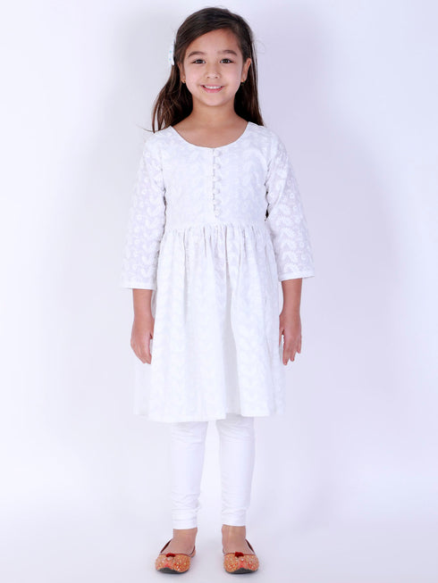 Girl's White Pure Cotton Chikankari Kurta With Leggings