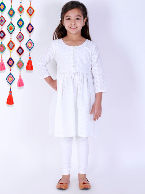 Girl's White Pure Cotton Chikankari Kurta With Leggings