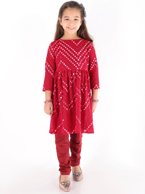 Girl's Maroon Mirror Kurta Pyjama Set