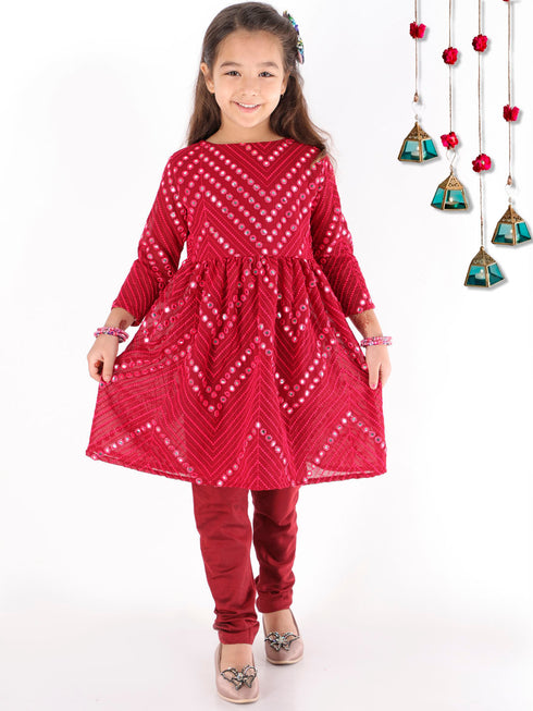 Girl's Maroon Mirror Kurta Pyjama Set