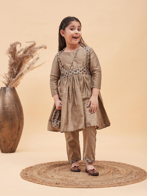 Girl's Brown Anarkali Kurta Pyjama Set With Potli Bag