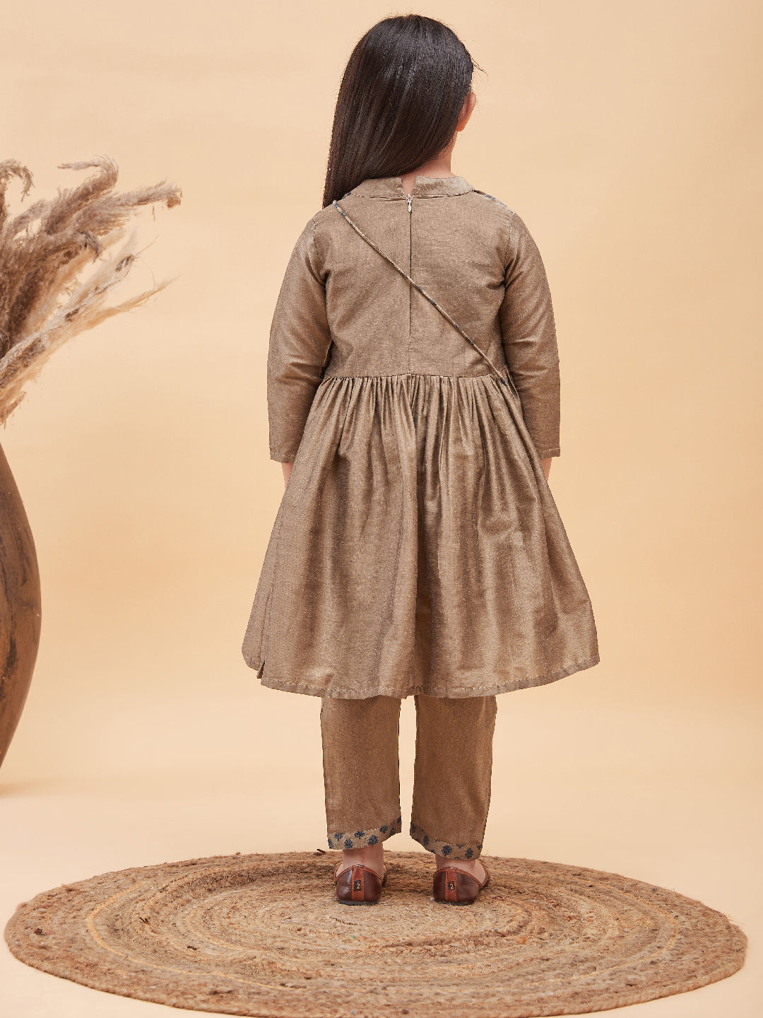 Girl's Brown Anarkali Kurta Pyjama Set With Potli Bag