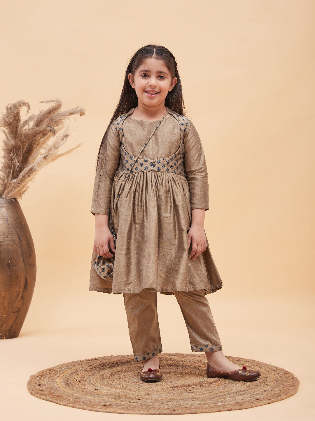 Girl's Brown Anarkali Kurta Pyjama Set With Potli Bag