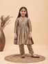 Girl's Brown Anarkali Kurta Pyjama Set With Potli Bag