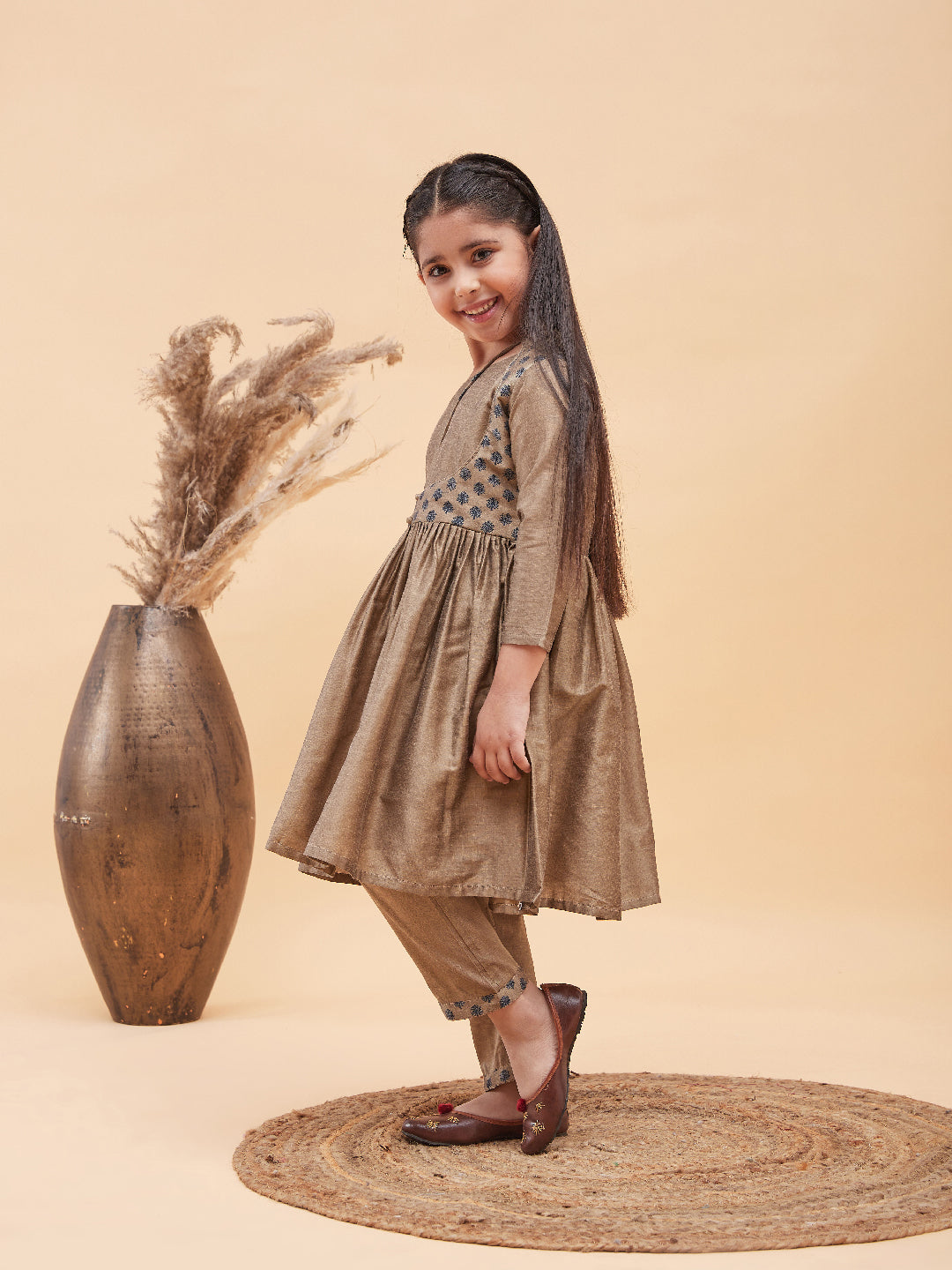 Girl's Brown Anarkali Kurta Pyjama Set With Potli Bag