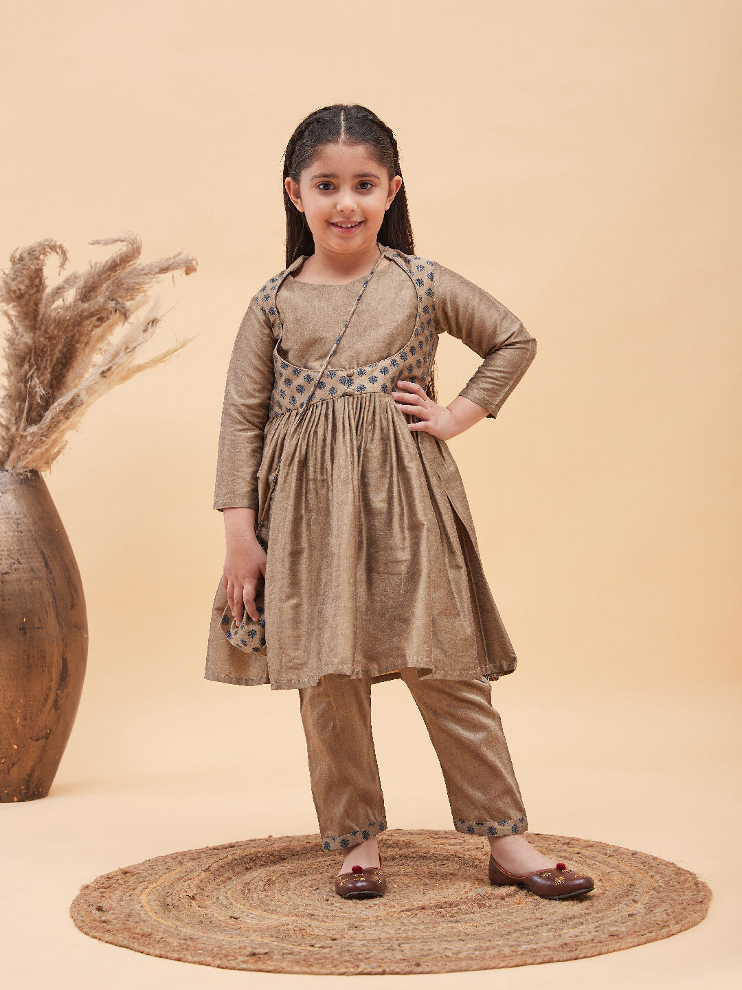 Girl's Brown Anarkali Kurta Pyjama Set With Potli Bag