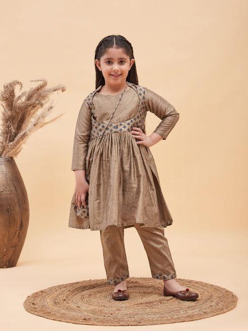 Girl's Brown Anarkali Kurta Pyjama Set With Potli Bag