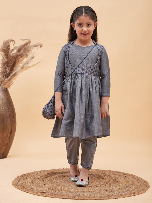 Girl's Grey Anarkali Kurta Pyjama Set With Potli Bag