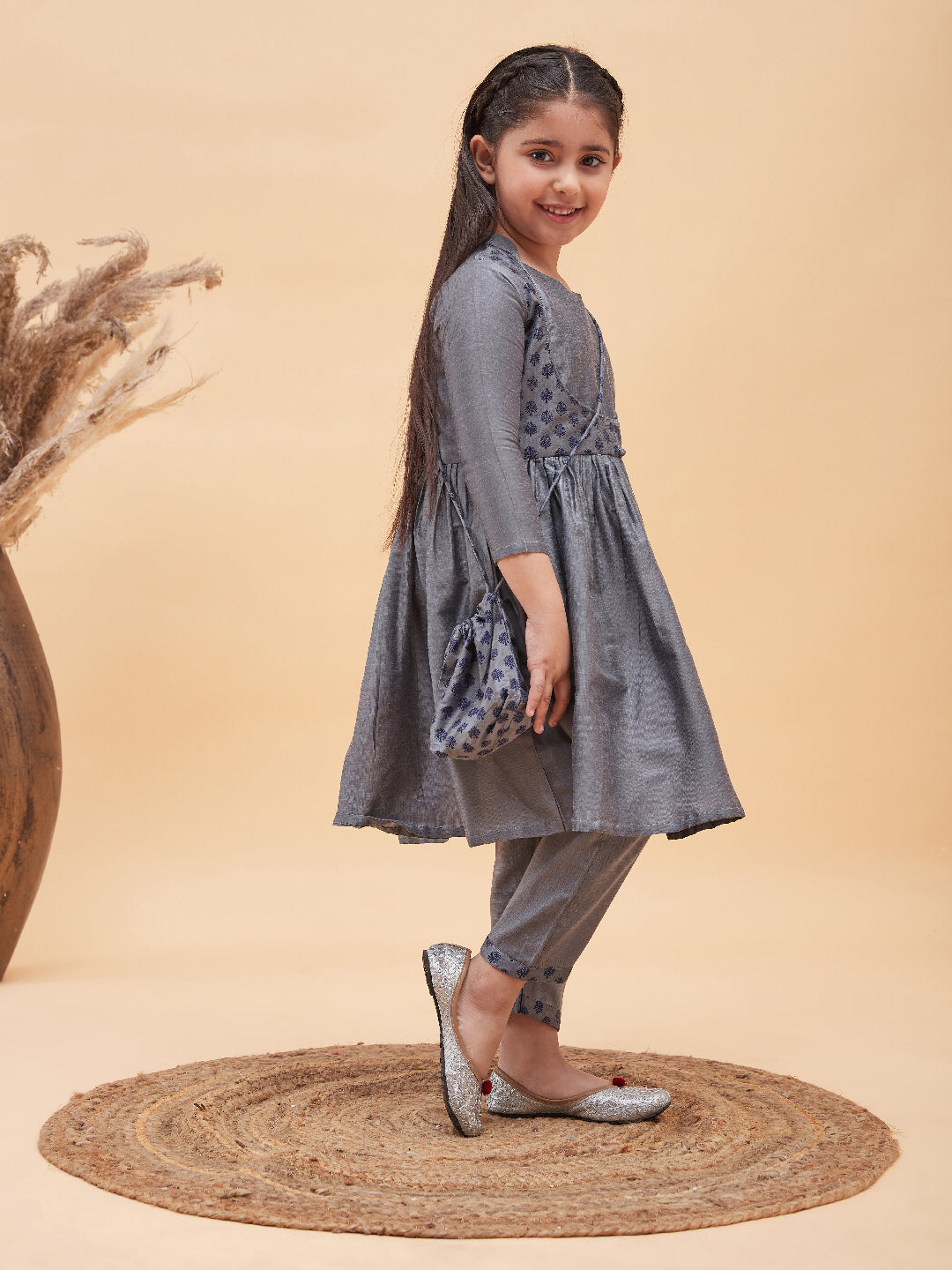 Girl's Grey Anarkali Kurta Pyjama Set With Potli Bag