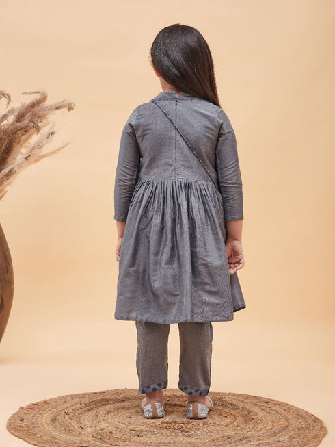 Girl's Grey Anarkali Kurta Pyjama Set With Potli Bag