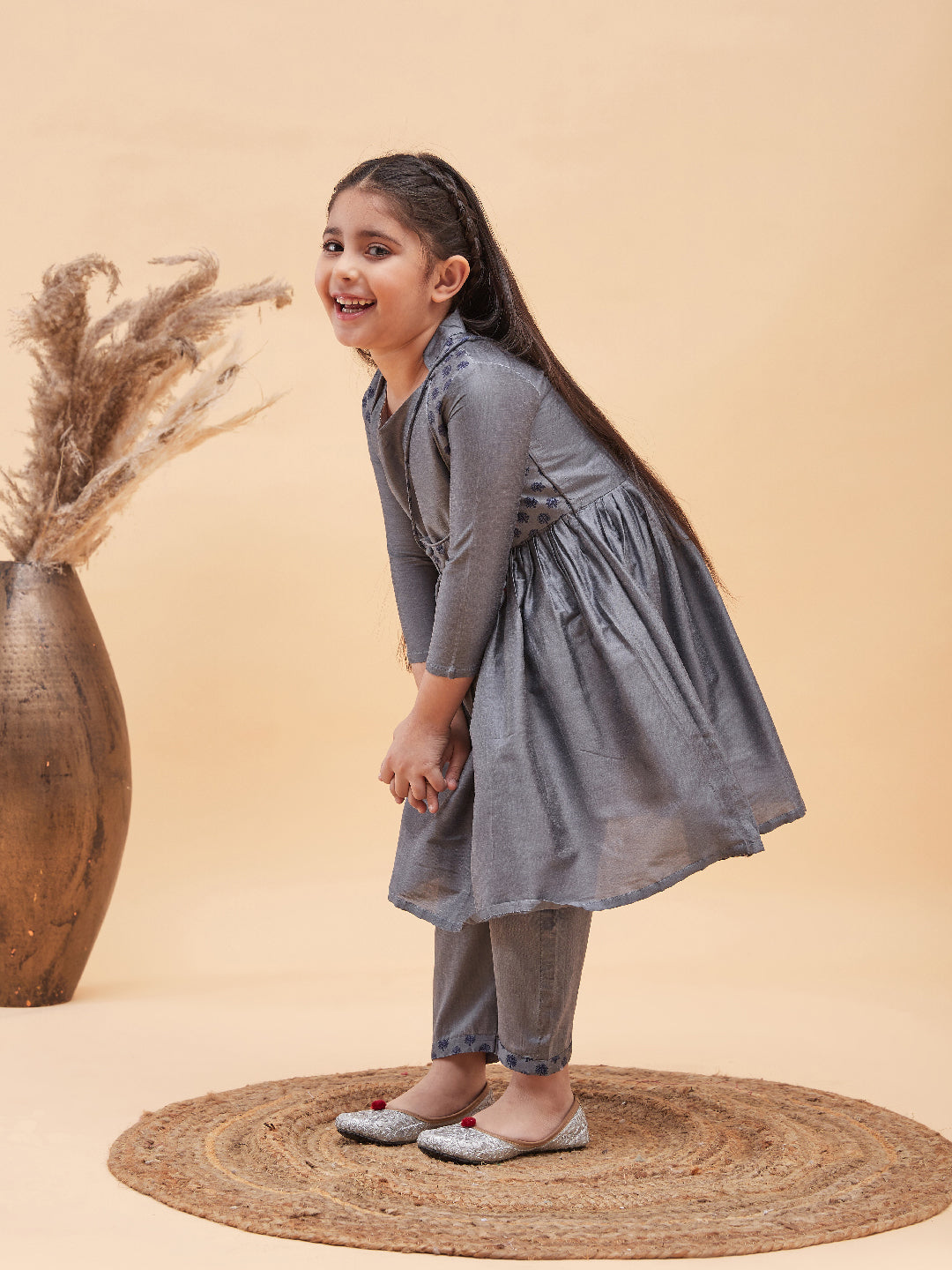 Girl's Grey Anarkali Kurta Pyjama Set With Potli Bag