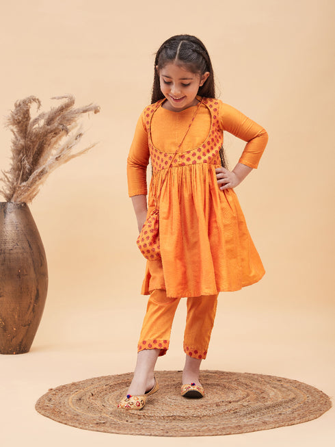 Girl's Orange Anarkali Kurta Pyjama Set With Potli Bag