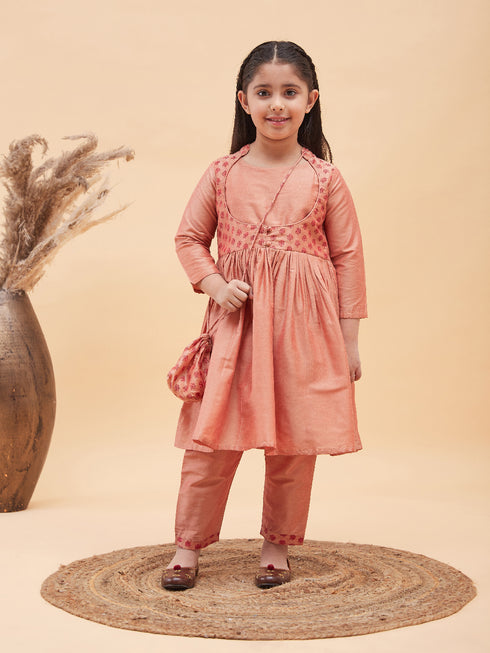 Girl's Pink Anarkali Kurta Pyjama Set With Potli Bag
