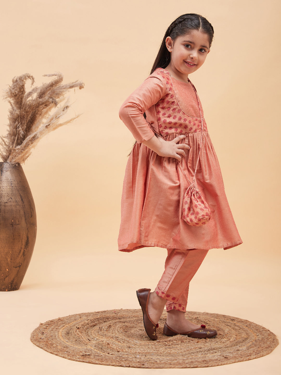 Girl's Pink Anarkali Kurta Pyjama Set With Potli Bag