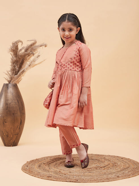 Girl's Pink Anarkali Kurta Pyjama Set With Potli Bag