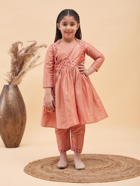 Girl's Pink Anarkali Kurta Pyjama Set With Potli Bag