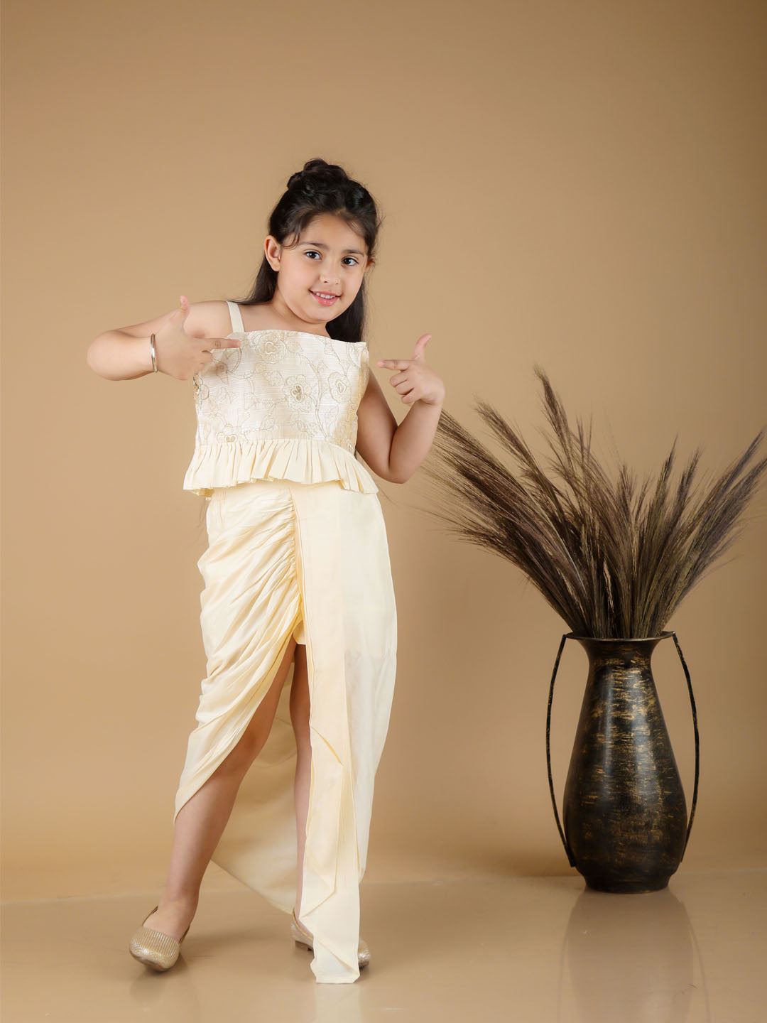 Girl's Gold Draped Skirt With Crop Top