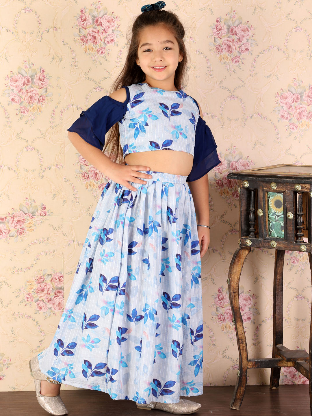 Girl's Blue Printed Crop Top & Embellished Long Skirt Set