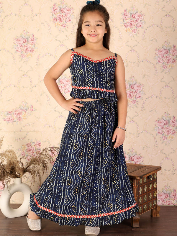 Girl's Blue Bandhani Top And Long Skirt Set