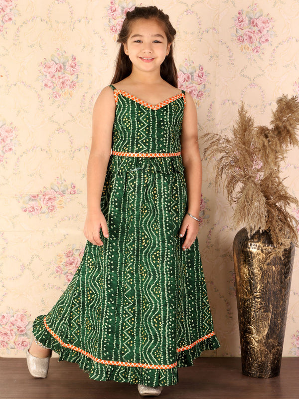 Girl's Green Bandhani Top And Long Skirt Set