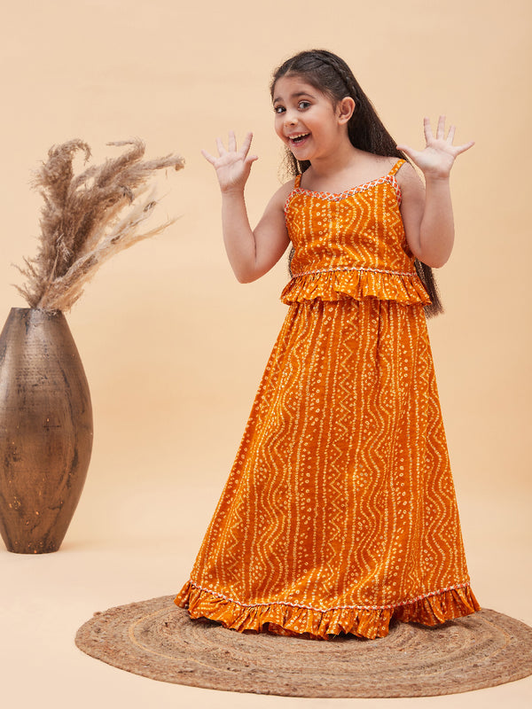 Girl's Orange Bandhani Top And Long Skirt Set