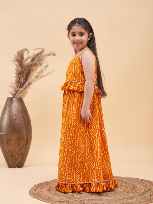 Girl's Orange Bandhani Top And Long Skirt Set