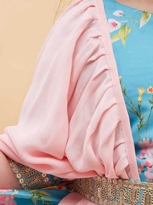 Girl's Aqua Blue Floral Print Lehenga Set