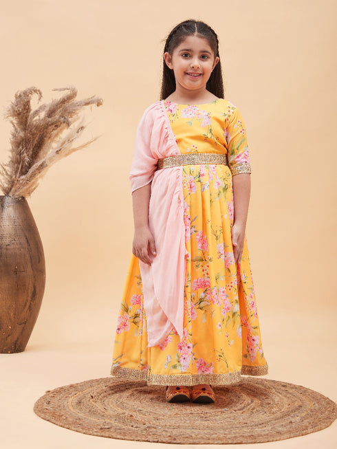 Girl's Yellow Floral Print Lehenga Set
