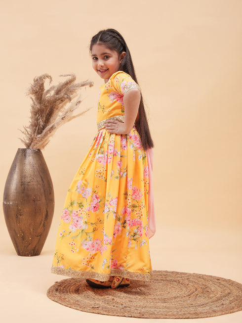 Girl's Yellow Floral Print Lehenga Set