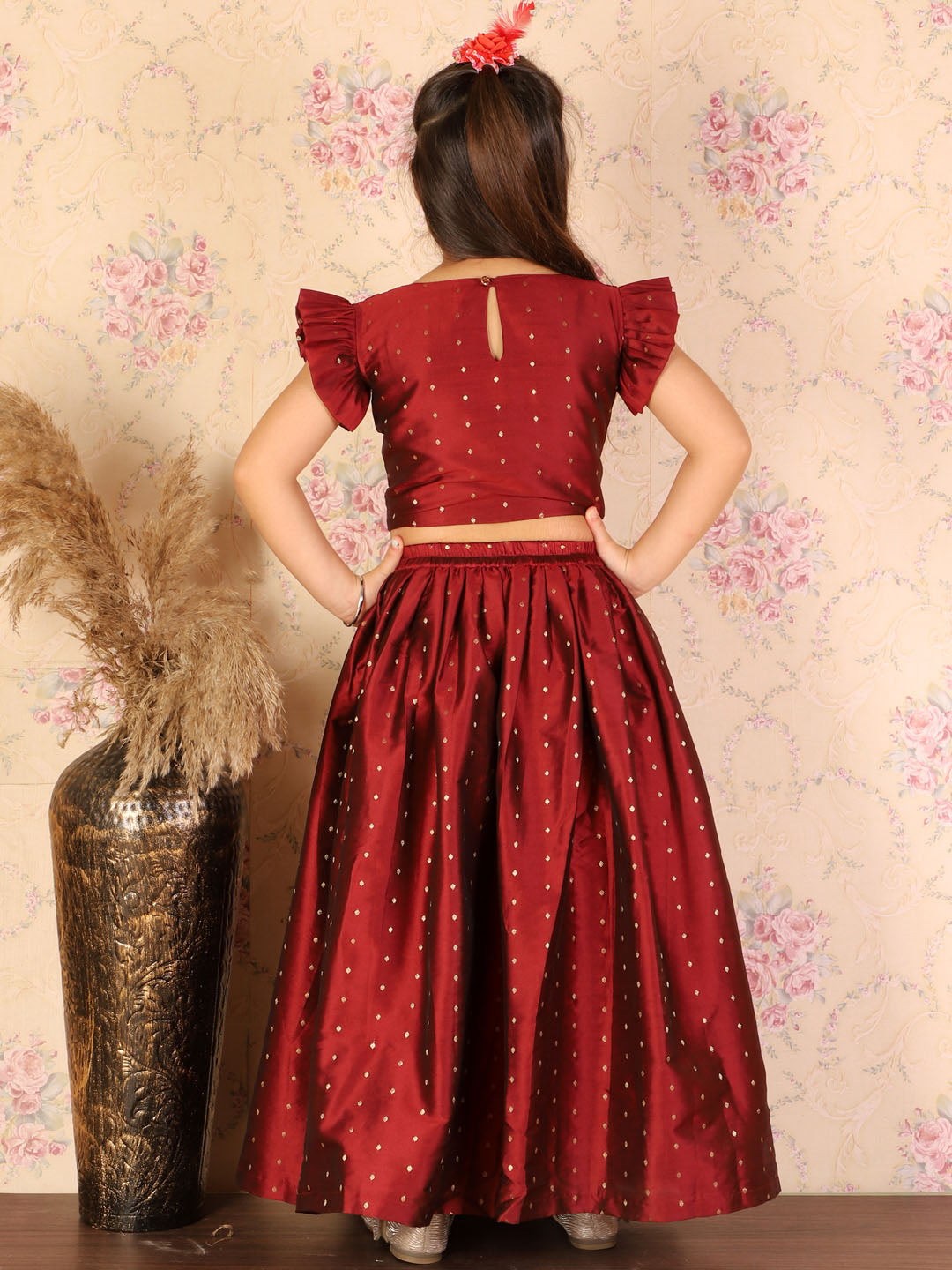 Girl's Maroon Woven Design Booti Crop Top And Long Skirt Set