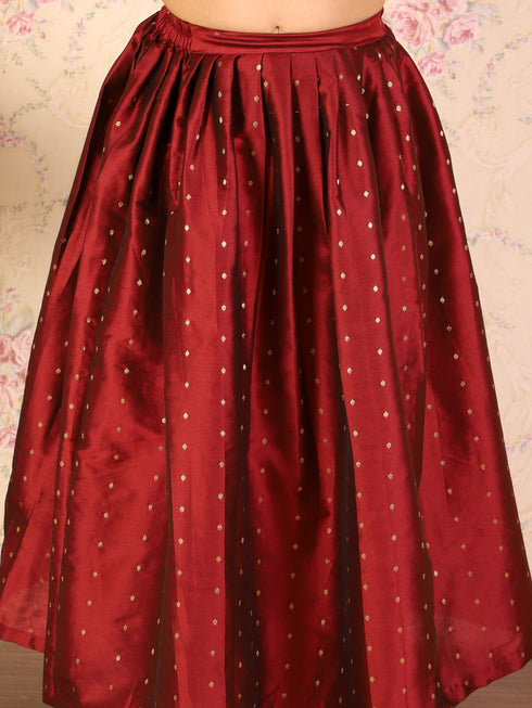 Girl's Maroon Woven Design Booti Crop Top And Long Skirt Set