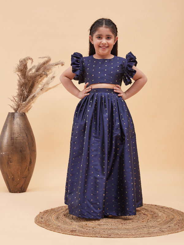 Girl's Navy Blue Woven Design Booti Crop Top And Long Skirt Set