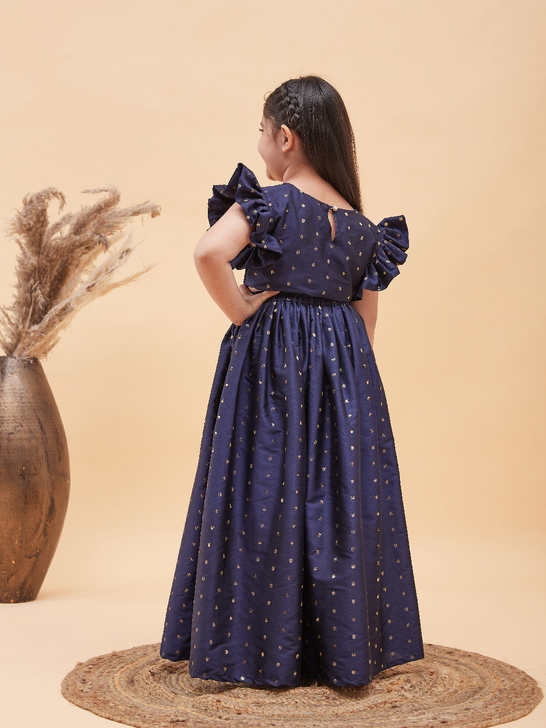 Girl's Navy Blue Woven Design Booti Crop Top And Long Skirt Set