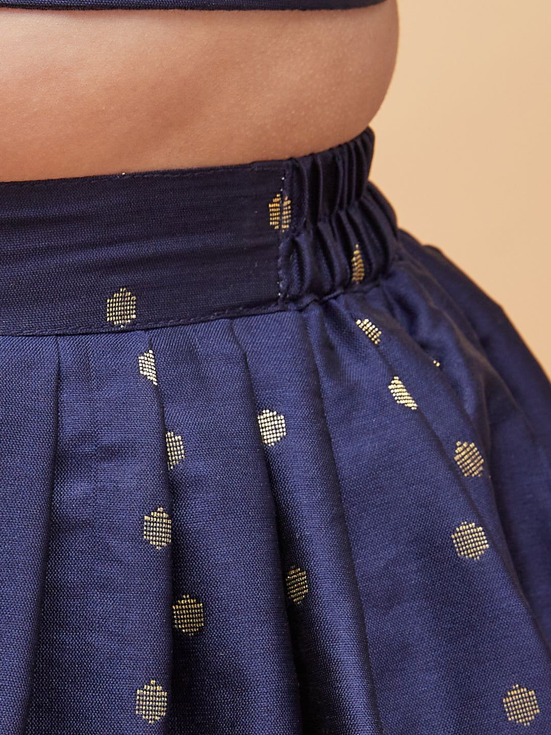 Girl's Navy Blue Woven Design Booti Crop Top And Long Skirt Set