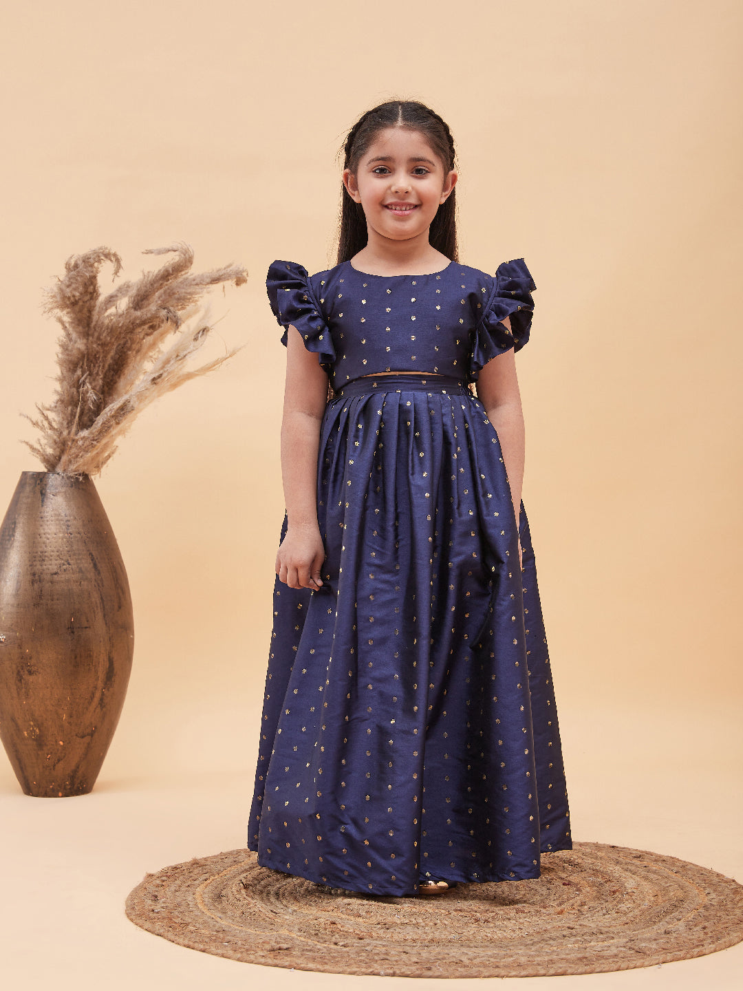 Girl's Navy Blue Woven Design Booti Crop Top And Long Skirt Set