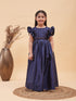 Girl's Navy Blue Woven Design Booti Crop Top And Long Skirt Set