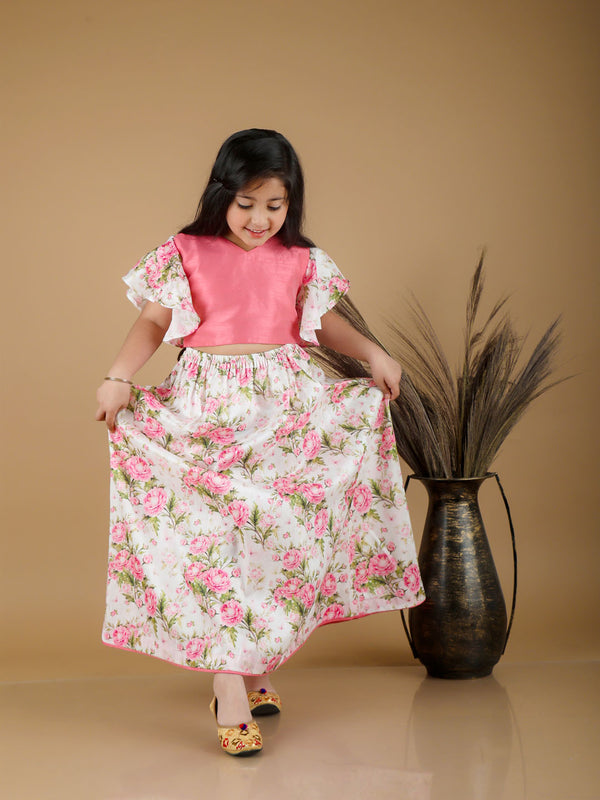 Girl's Printed Skirt And Ruffle Crop Top Set