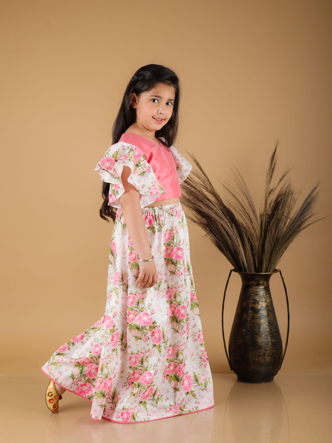 Girl's Printed Skirt And Ruffle Crop Top Set