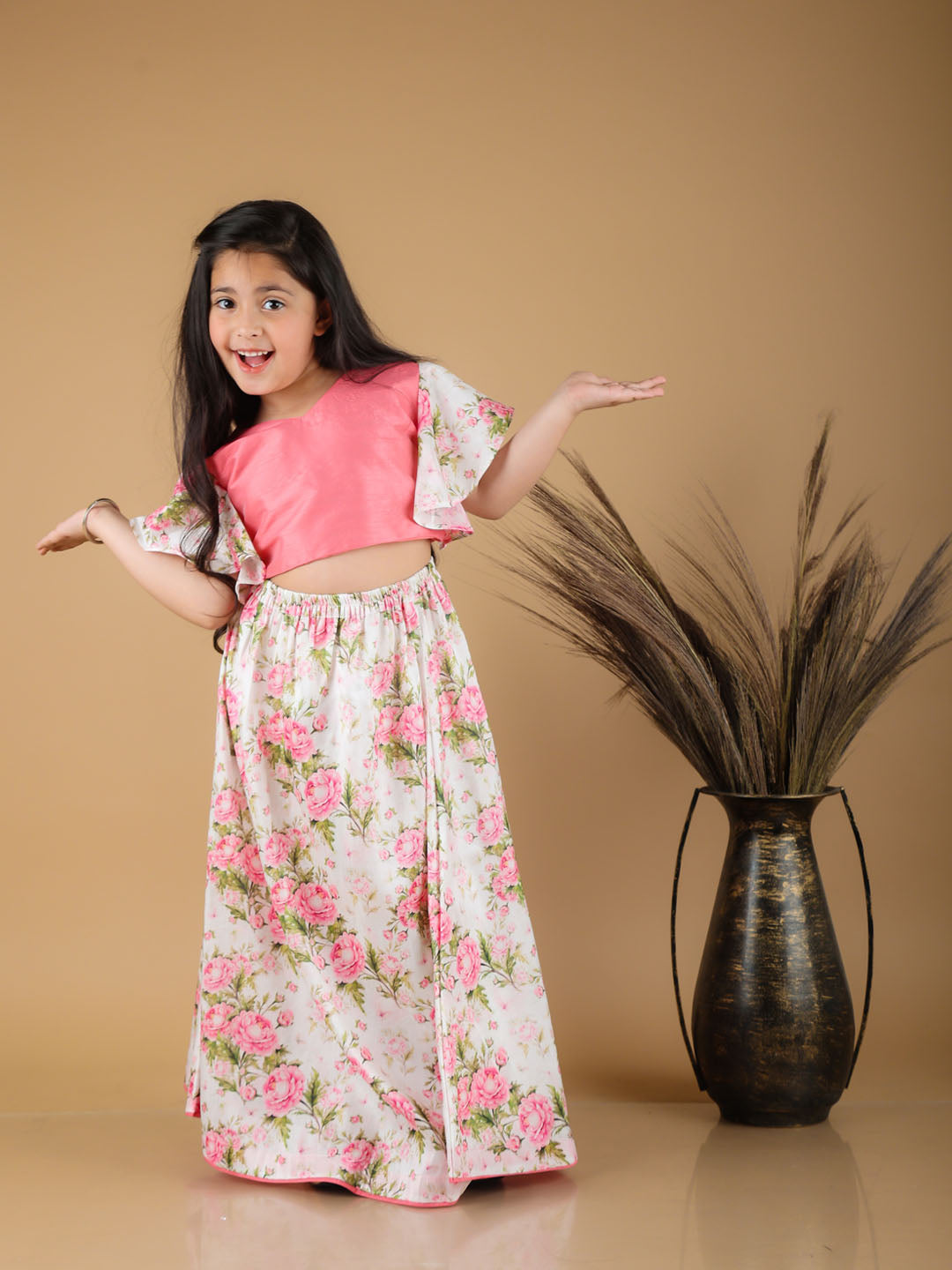 Girl's Printed Skirt And Ruffle Crop Top Set