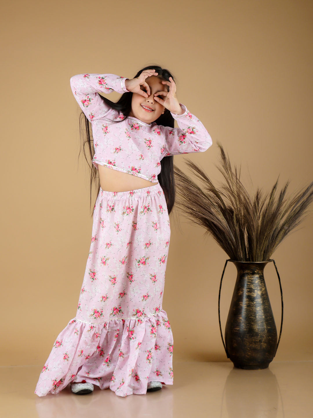 Girl's Printed Linen Crop Top And Ruffle Skirt Set