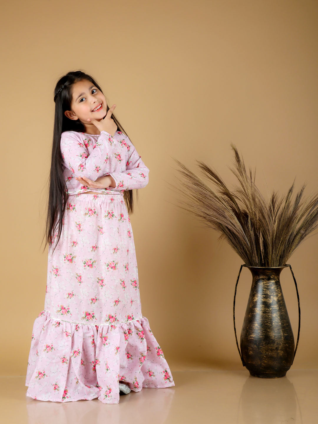 Girl's Printed Linen Crop Top And Ruffle Skirt Set