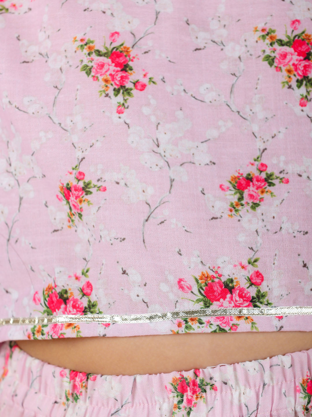 Girl's Printed Linen Crop Top And Ruffle Skirt Set