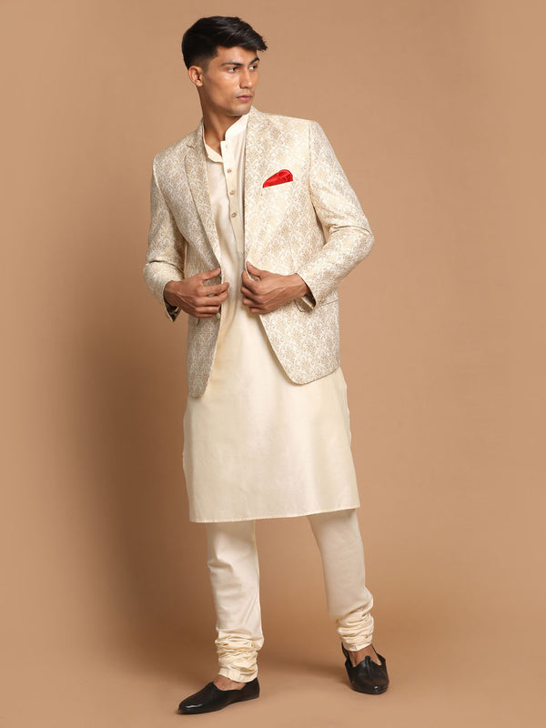 Men's Gold Woven Blazer And Cream Solid Kurta With Pajama Set