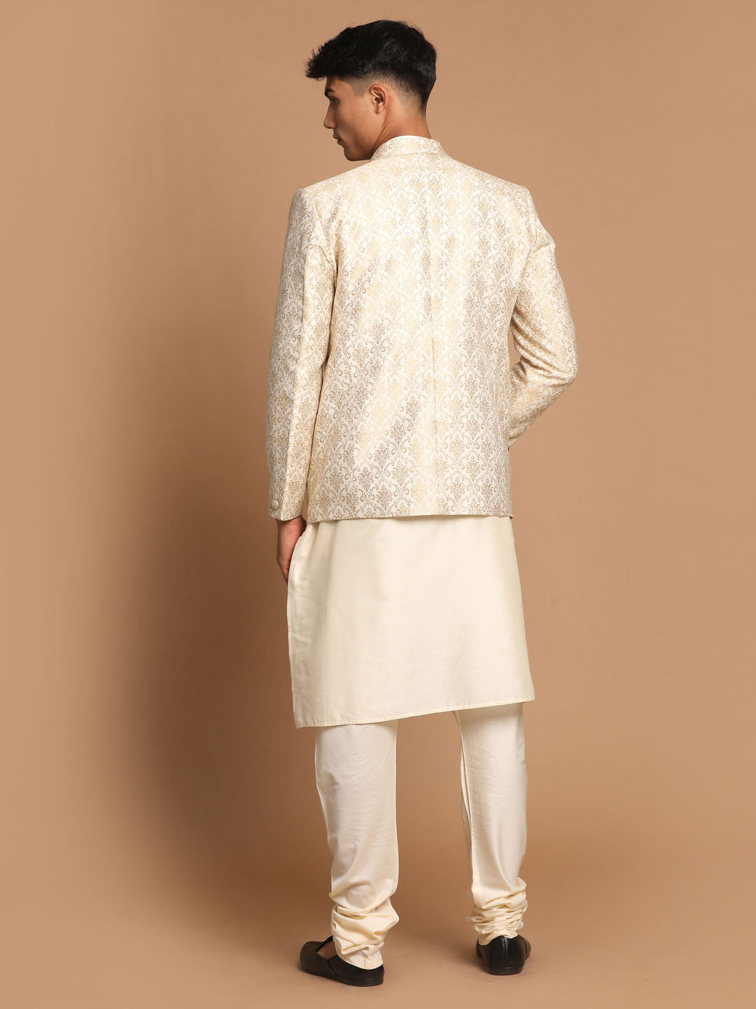 Men's Gold Woven Blazer And Cream Solid Kurta With Pajama Set